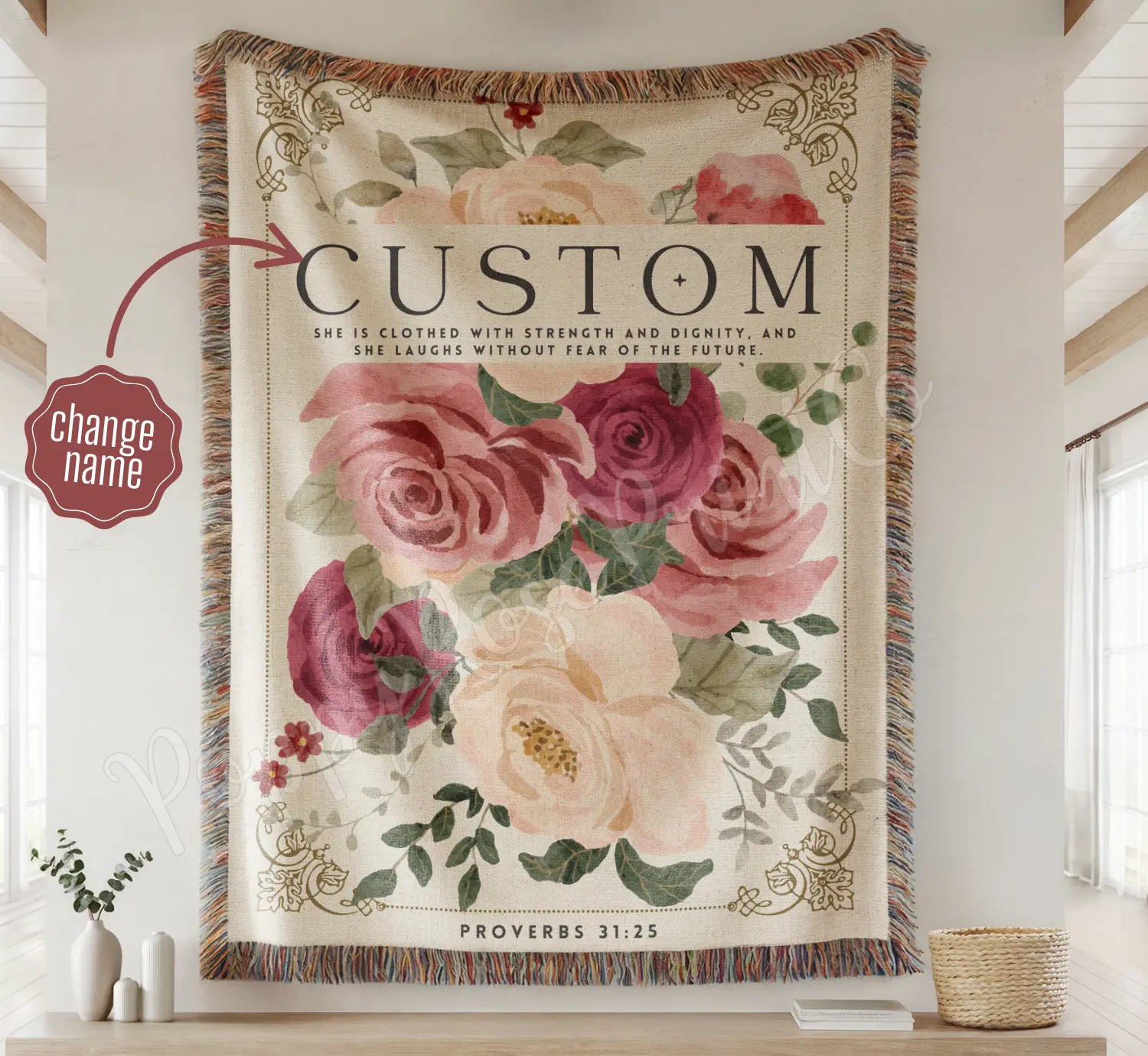 Custom Mom Floral Woven Blanket | Personalized Grandma Name | 100% Cotton Keepsake