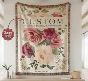 Custom Mom Floral Woven Blanket | Personalized Grandma Name | 100% Cotton Keepsake