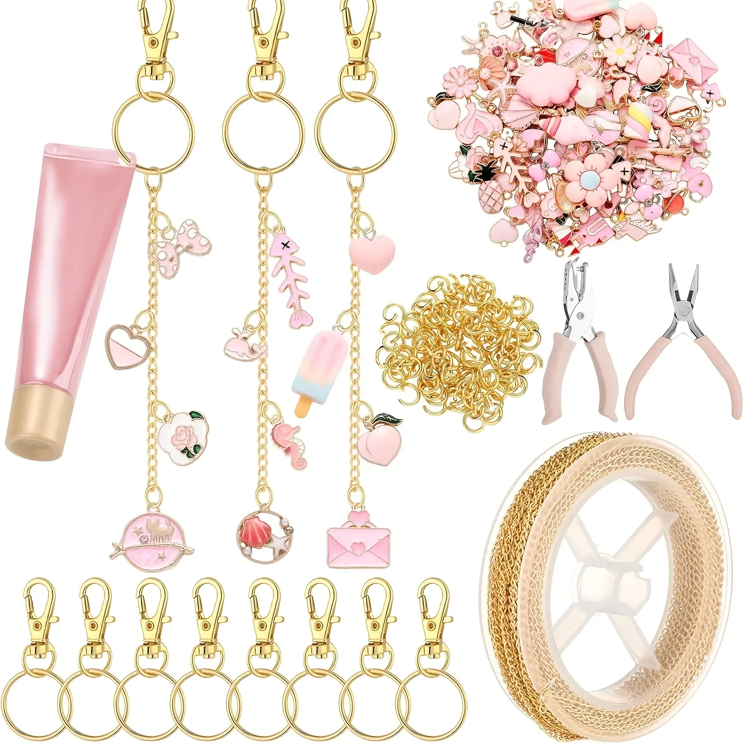 Lip Gloss Keychain Making Kit with Charms, Including Keychains Clips Extender Chain Charm Jewelry Plier, DIY Keychains Kit, for Keychain Making Supplies, Christmas Gifts