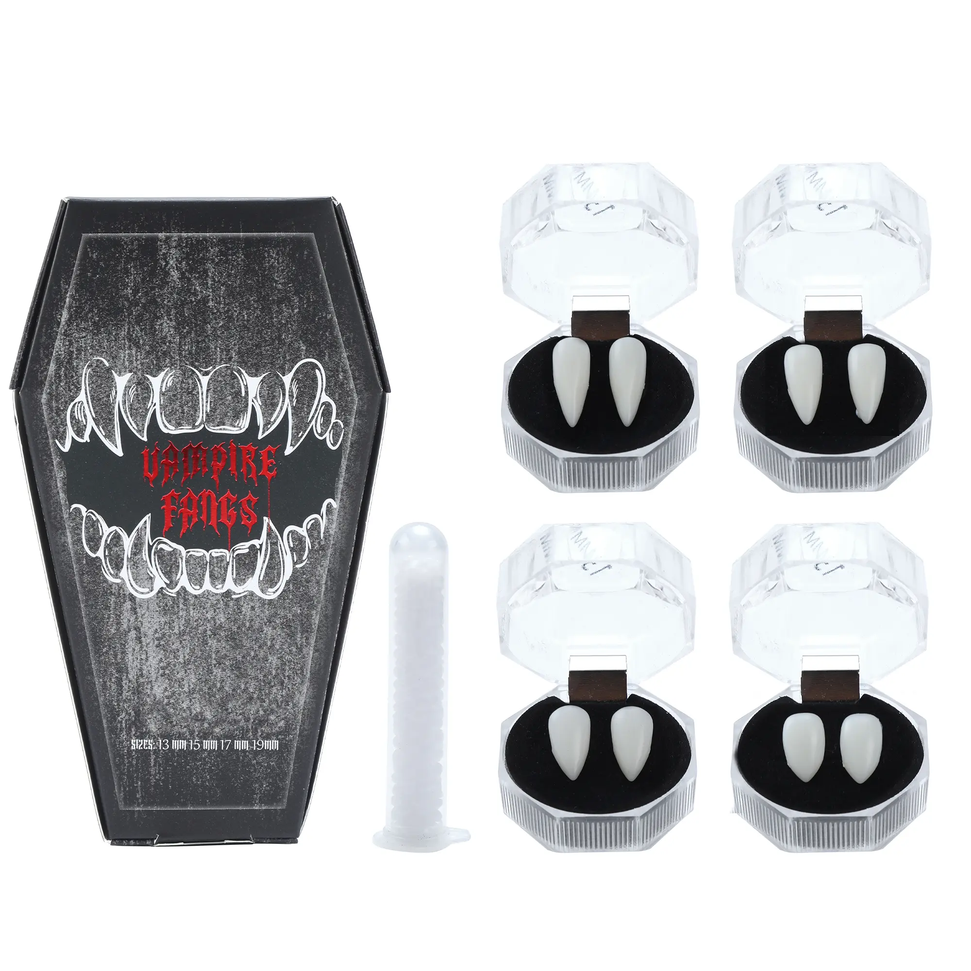Creepy Vampire Fangs, 4 Pairs Reusable Set with Adhesive, Multi-Size Resin Prop for Halloween Costumes, Gothic Party Accessory for Adults & Teenagers, Accessories