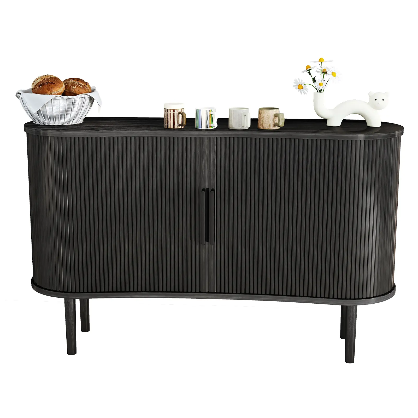 55in Modern Fluted Architectural Assembled Sideboard Buffet Cabinet - Child-Friendly Curved Corner Storage, 4-Compartment, Sliding Door, Solid Wood Legs, Oval Curve, Wood, 140x40x85cm, Easy Install, 1xInstruction Manual, 16xBoard, for Living Room, Kitchen