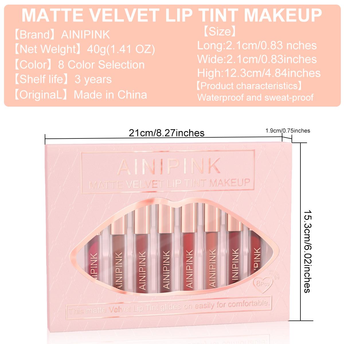 AINIPINK 8-Piece Long-Wearing Matte Velvet Lip Makeup Set, Waterproof & Smudge-Proof, Long-Lasting Cosmetics for Women