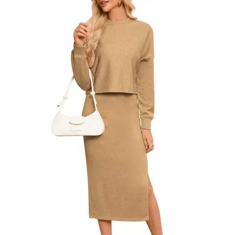 Grace Karin Lady's 2-Piece Fitted Knitted Set - Longsleeves Turtleneck Jumper Top, Highwaist Elastic-Waist Bodycon Midi Skirt with Slit, Office-to-Party Evening Wear with Mid-Calf Elegance
