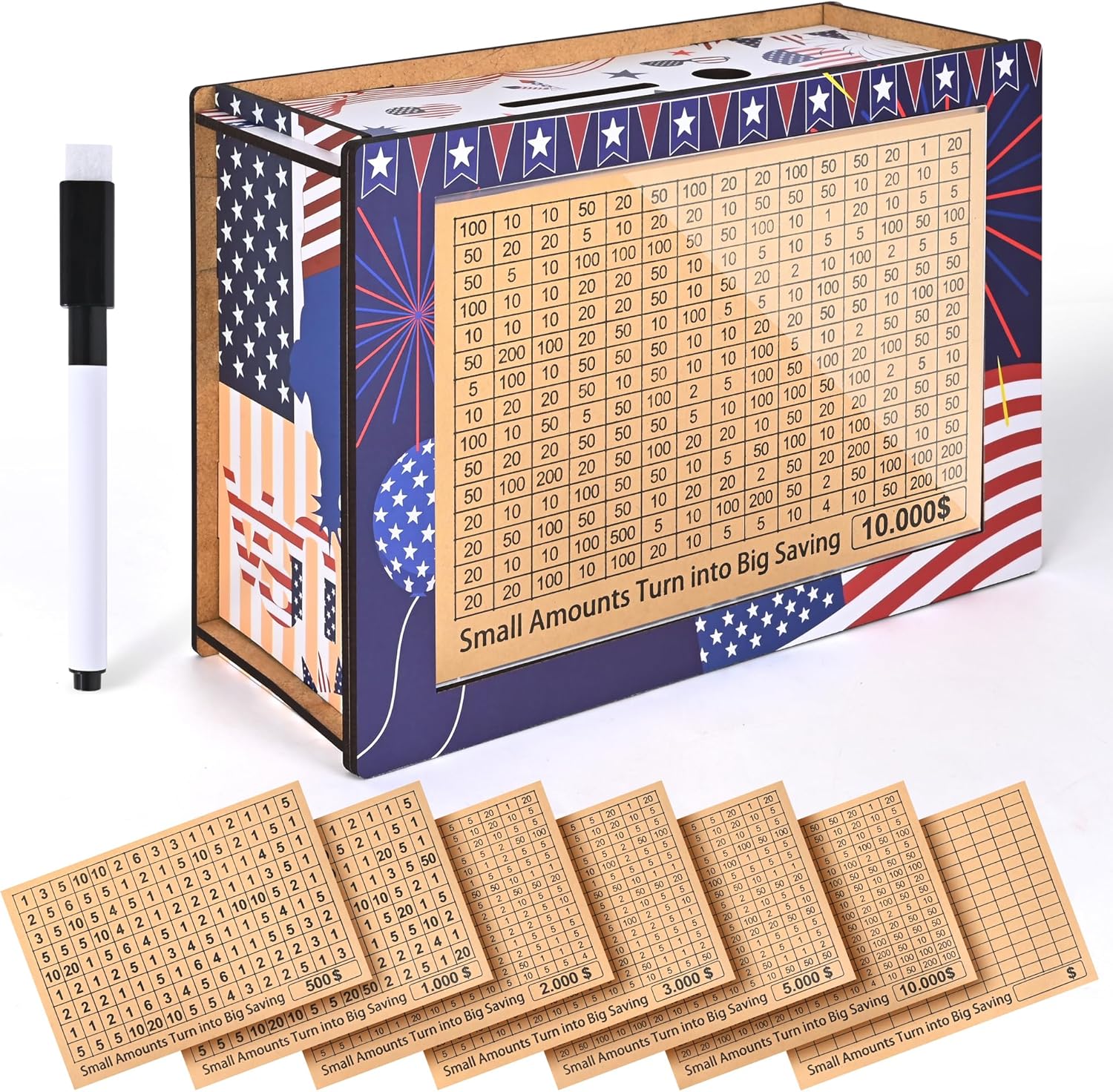 Cash Vault Wooden Savings Box, Piggy Bank for Adults & Kids, Wooden Cash Vault with 7 Stickers, Money Saver Box for 10k Smash Goals, Flag Design 10000 Savings Challenge Box