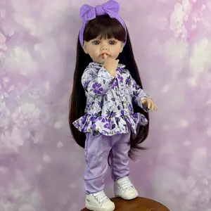 55 CM Full Vinyl Body Reborn Baby Doll For Girl Dress Up Black Long Hair Princess Toddler Dolls Lifelike Handmade Birthday Gift, Gorgeous Doll, Bath Toy for 3+ Kids Including Pacifier, Bottle, Diaper, Hair accessories And Clothes Set