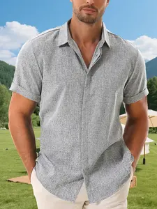 2026.Men's Summer Fashion Party Invisible Button Shirt,  gray Casual Short Sleeve Top, Loose Outdoor Style, Ideal for Camping Weddings Parties