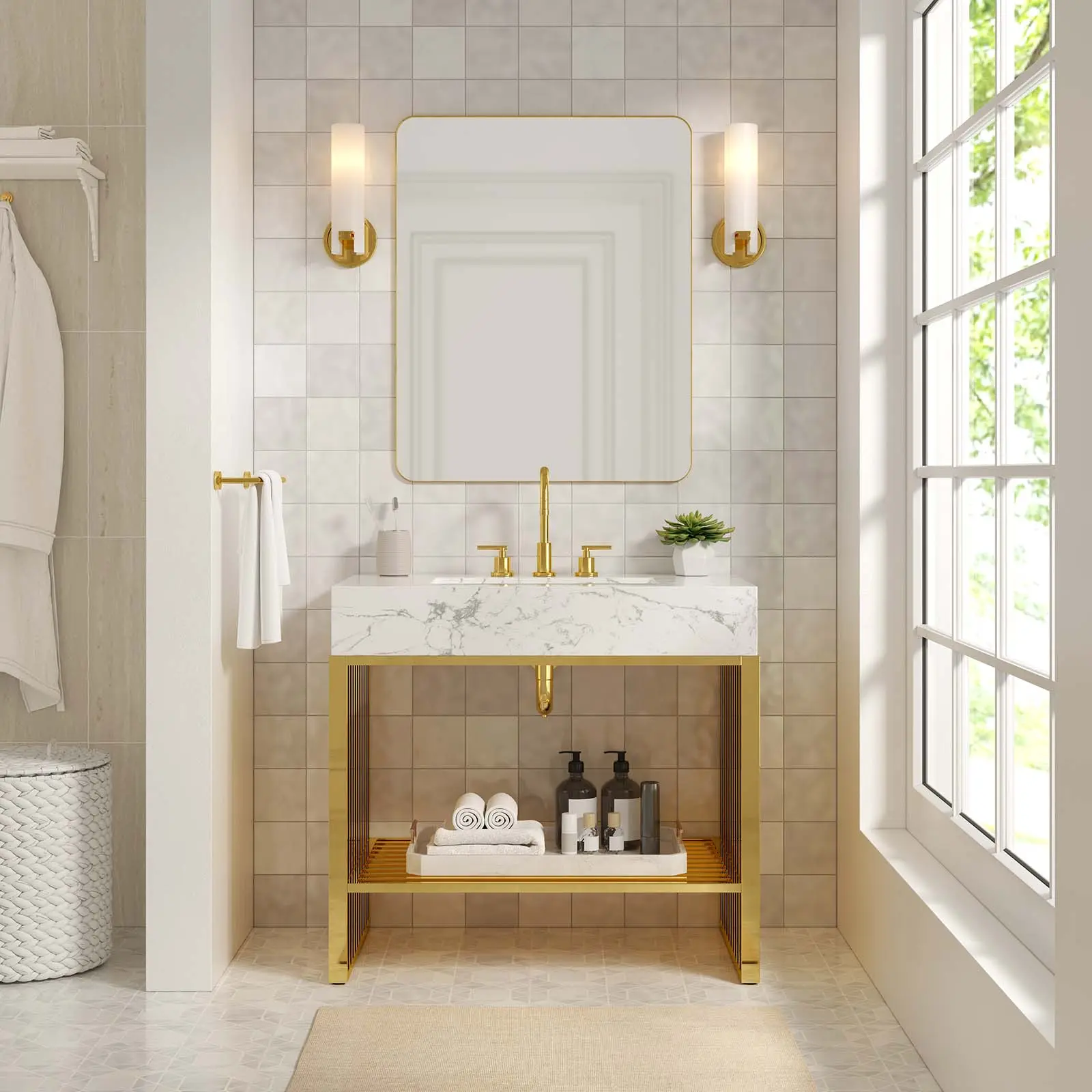 Modway Gridiron Modern 36-in Bathroom Vanity, White Gold Finish - Home Improvement Bathroom Fixture Set