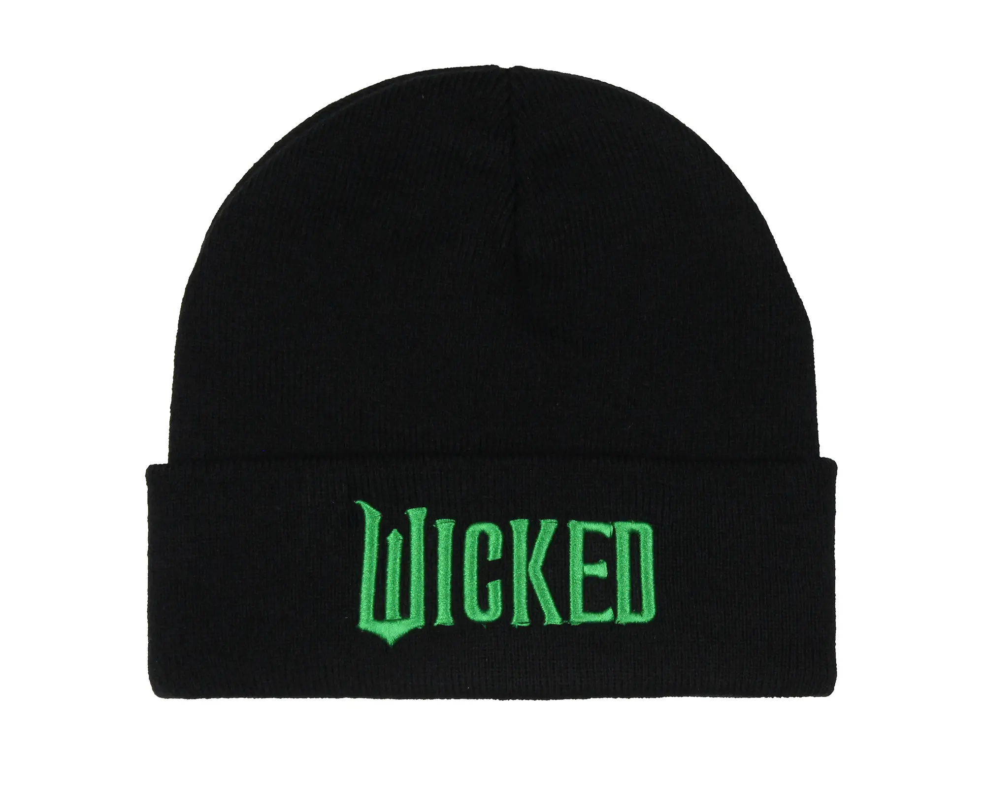 Wicked Embroidered Raised 3D Movie Logo Adult Novelty Knit Cuff Pom Pom Beanie Winter Hat Cold Weather Cap OSFM Women Men