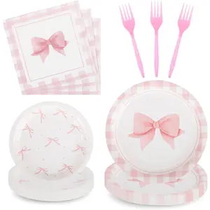 200PCS Pink Bow Birthday Party Supplies Serve 50,Conquette Birthday Party Paper Plates,Napkins,And Forks Kit for Birthday Party,Girl Bachelorette Party,Bridal Engagement Party Decorations