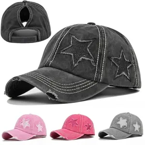 Womens Star Washed Cotton Criss Cross Ponytail Baseball Cap - Adjustable High Messy Bun Ponycap Quick Drying Hat Hole stylish headwear open  hats Premium Snapback Hat