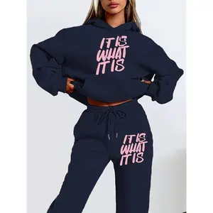 Women's Hooded Tracksuit Set with Geometric Letter Print, Casual Style, Polyester Knit Fabric, Fall/Winter Long Sleeve Sweater and Pants with Pockets