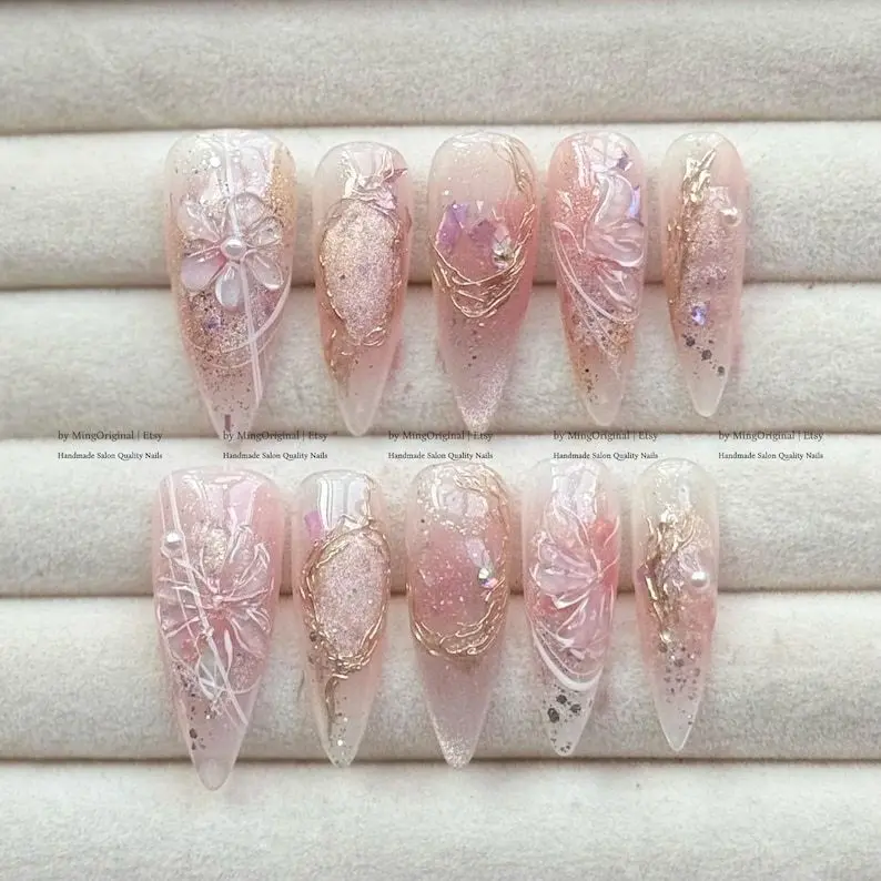 Romantic Fairy Press-On Nails, Handmade 3D Nail Art with Pearls, Crystals Dreamy Details, gold foil accents ethereal design, MO785 Nail Art Kit Nail Box