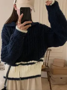 Women's Colorblock Striped Print Zip Up Crop Cardigan, Casual Long Sleeve Open Front Knitwear for Fall & Winter, Fashion Ladies' Knit Clothing for Daily Wear, Tops