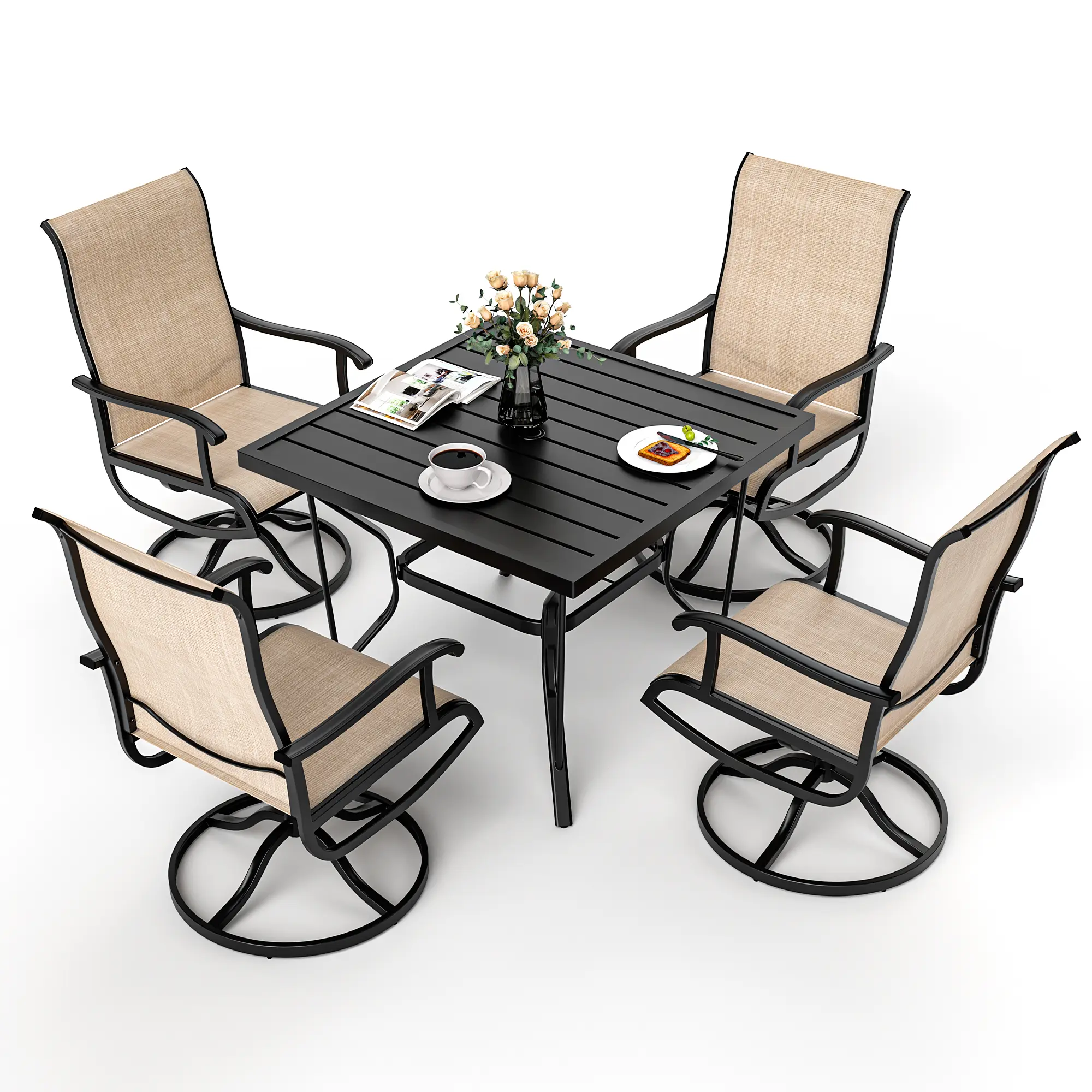 Pamapic 5-Piece Iron Patio Bistro Set, Charcoal Grey Outdoor Furniture with Square Plastic-Wood Table Top and 4 Ergonomic Textilene Breathable Fabric Chairs for Garden Backyard