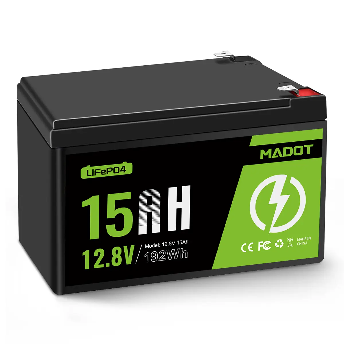 MADOT 12V 15Ah LiFePO4 Lithium Battery with LiFePO4 Cells, Built-in 20A BMS Deep Cycles, Rechargeable Power Supply for Home Lighting, Solar System, Electric Wheels (1 Pack), Protection, Robotics