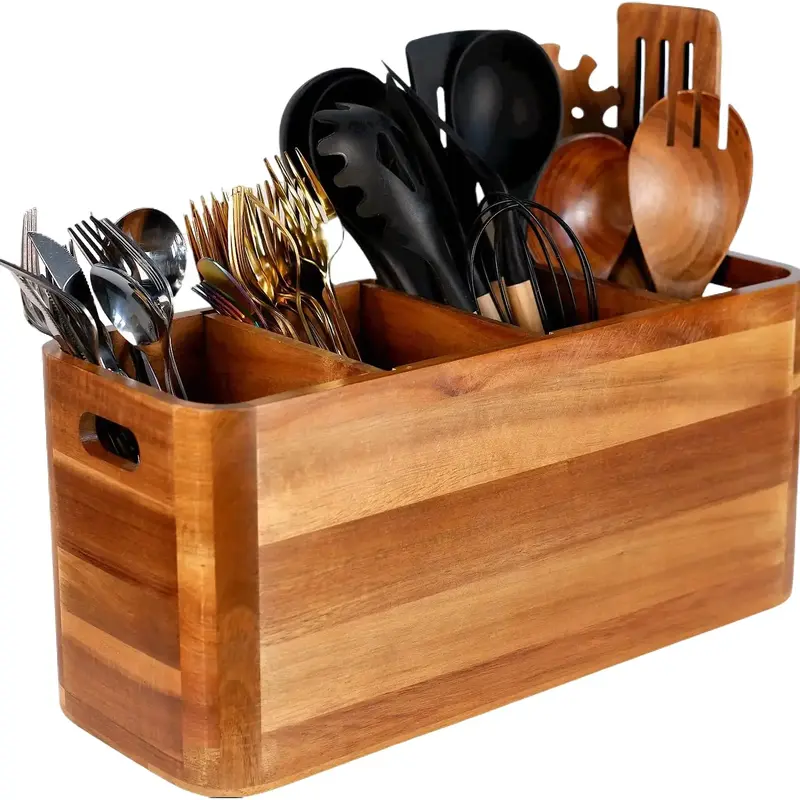 Wooden Kitchen Utensil Holder Organizer for Counter or Countertop, Large Wooden Utensil Holder for Storage Cooking and Silverware with 4 Compartment, Acacia Rustic Wood Container Extra Large