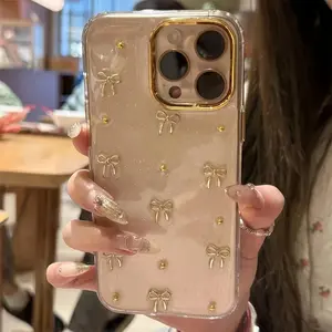 Cute 3D bow bead transparent phone case suitable for Apple/iPhone 17 Pro Max 17 Air 16, 15, 14 Plus, 13 12 11 Pro Max, featuring a soft epoxy shock-absorbing back shell