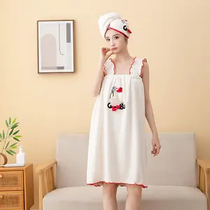 Women's Bow Decor Bathrobe & Hair Drying Cap Set, 2 Counts/set Casual Soft Water Absorbent Bathrobe with Pocket & Hair Drying Cap, Bathrobe for Spa & Sauna, Womenswear