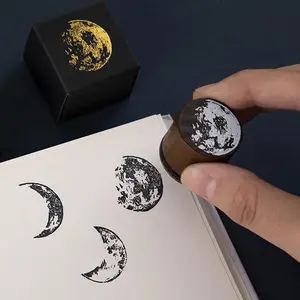 Wooden Stamp Set, Moon Phase Planet Series, Handmade Round Retro Diary Decoration DIY Print, Unique Gift Idea for Creative Projects