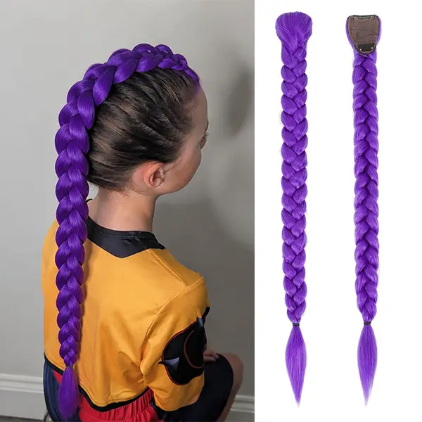 26-Inch Purple Synthetic Braid Ponytail Extensions, Pre-Stretched Texture-Rich Volume-Boost Hair Extensions for Braids, Easy Clip-In for Teen Cosplay Halloween Costume Stage Parties