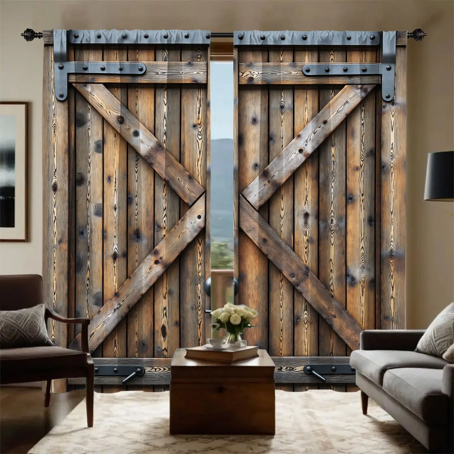 2pc Vintage Wood Grain Barn Door Curtains, American Country Style Long Panel Privacy Blinds, Living Room Dining Room Decor, Home Decoration Curtain