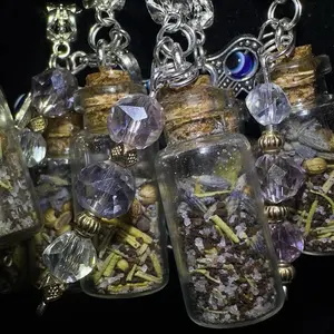 Mini Protection Spell Jar Pendants with Lavender, Rosemary, Peppercorn, Coffee Grounds, Pink Salt - 2 ml Capacity, Unisex