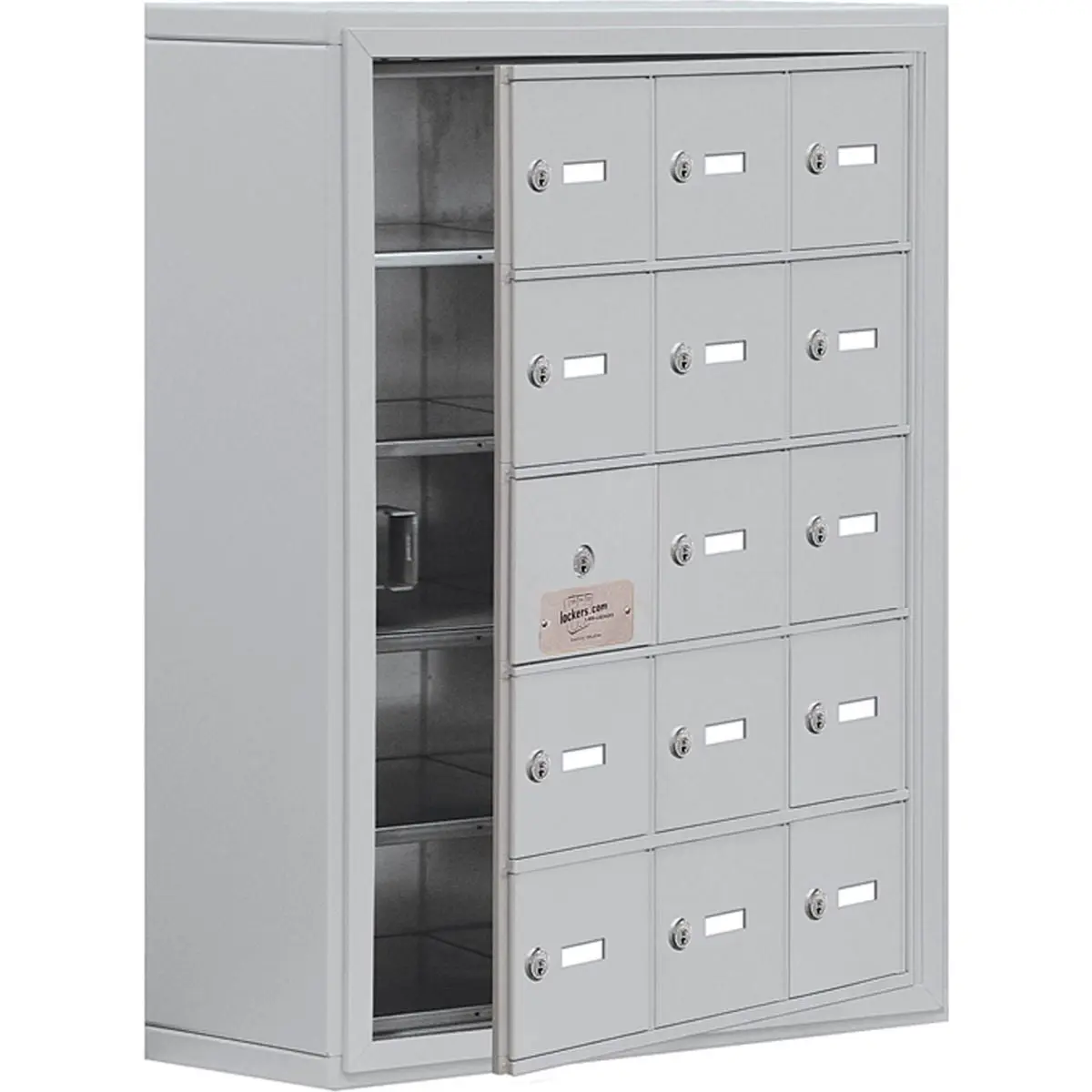 Salsbury Industries B1887300 Assembled Aluminum 15-Door Welded Cell Phone Locker, Gray - Keyed Panel Lock, Continuous Hinge, Secure Storage, Wall Mounting - 24x9.25x31 in (Ideal for Health Clubs)