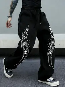 Cyberpunk Gothic Print Sweatpants, Loose Wide Leg, Fitted Street Style Streetwear, All Seasons, Hardcore Subculture Fashion