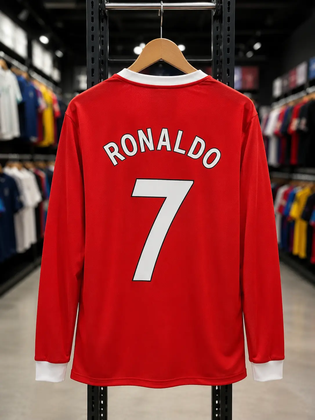 CR7 7 2021-22 Retro Red Long Sleeve Soccer Jersey, Breathable Football Fan Shirt, Adult S-5XL