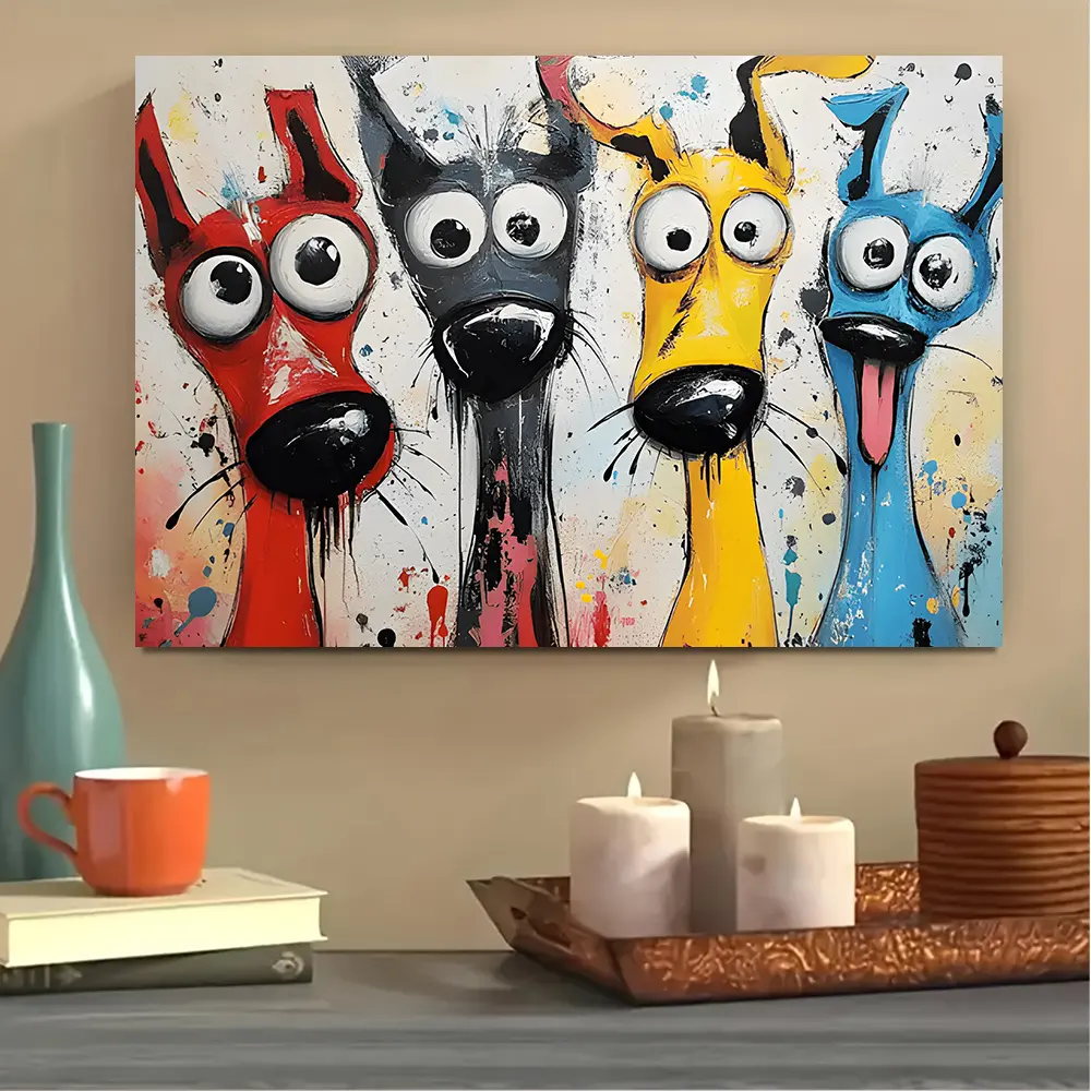 Cartoon Dog Canvas Wall Art Painting - Artistic Funny Eco-Friendly Animal Print, Modern Minimalist Pet Decor, Easy Hanging Kit for Kid Room, Gift for Animal Lovers