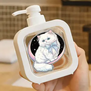 Fluffy Cat Design Pump Dispenser Bottle - One-Touch Push-Pump Refillable Soap/Lotion Container for Kitchen & Bathroom - Cute Unicorn & Crescent Moon Pattern - Perfect for Cat Lovers