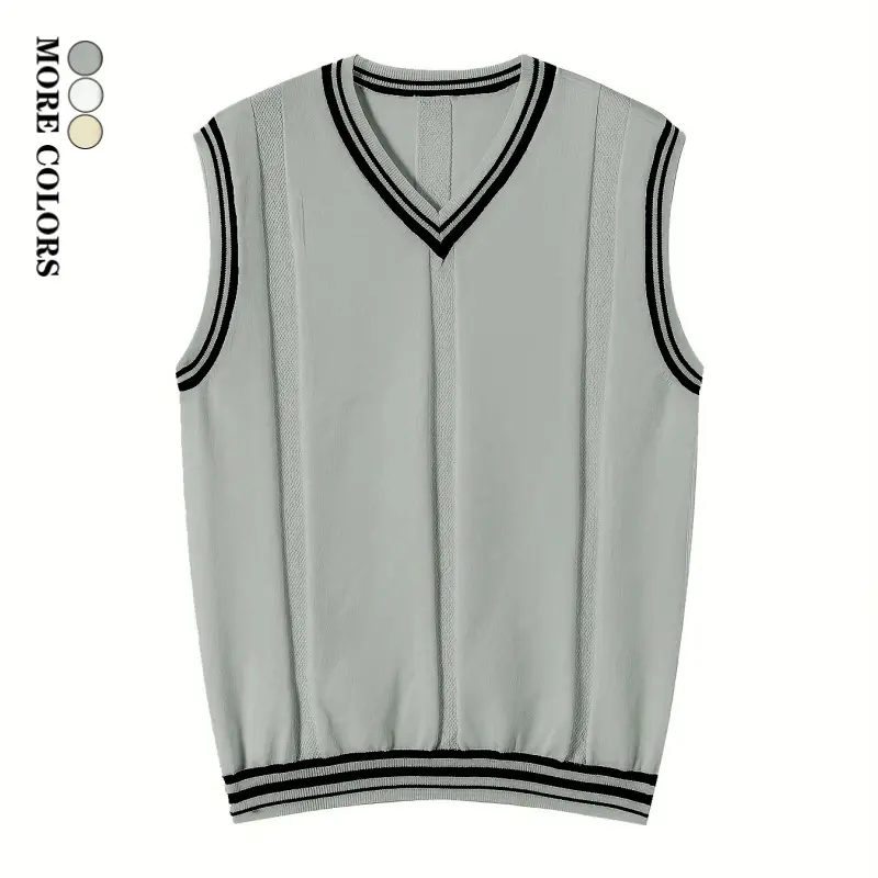 Menswear Men's Sleeveless V-Neck Knit Vest, Fashionable Striped Tops for Layering, Lightweight Breathable Collegiate-Style Casual Pullover