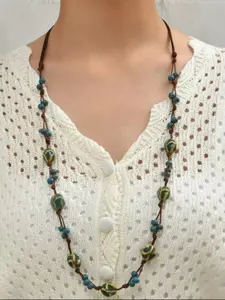 Elegant Blue Ceramic Beaded Necklace for Women, Adjustable Long Sweater Chain,  Unique Design Ethnic Style Fashion Accessory