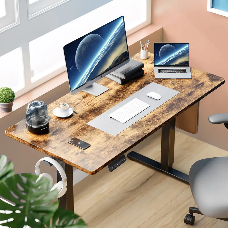 Sweetcrispy Electric Standing Office Desk - Adjustable Height Multi-Size Rectangular Iron-Wood Modern Home Office Furniture, T-Shaped Stable Base, Memory Preset, 63*24in-White/40*24in-Rustic Brown Laptop PC Desks for Home Use