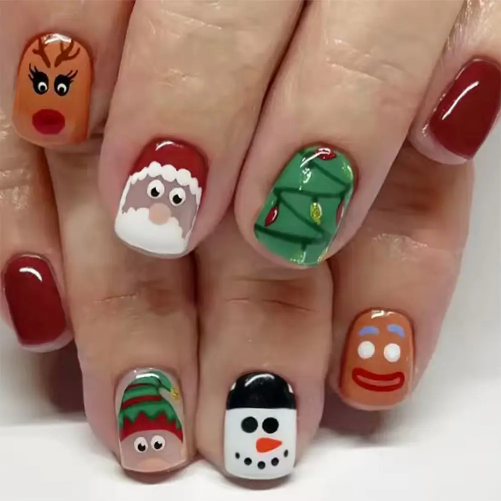 Christmas 24pcs Short Oval Press-On Nails, Santa Snowman Reindeer Dwarf Designs, Full Coverage Acrylic False Nails for Women Girls