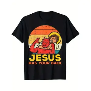 100% Cotton  Jesus Has Your Back Jiu Jitsu Retro Christian Men T-Shirt Selected Pure Cotton Interesting Design DIY Short Sleeve T-Shirt For Men, Soft And Breathable