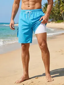 Men's 2-in-1 Beach Shorts with Side Pockets, Summer Casual Board Shorts with Drawstring Elastic Waist, Beachwear Swimwear Swimsuit Bathing Suit