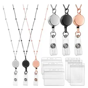 Badge Lanyard with Id Holder Alloy Necklace Retractable Reel Clip Chain