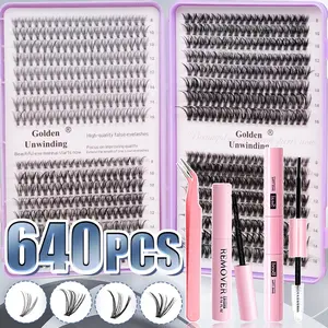 640PCS eyelash extension set, with glue, tweezers, and glue remover, D-roll type mixed 8-16mm large capacity,20D+30D+40D+50D, suitable for self-grafting at home makeup, friendly to beginners