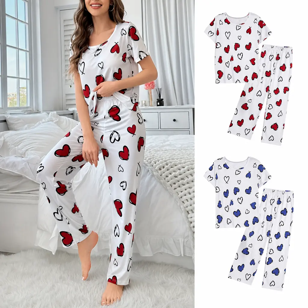 FEITAI Women's 2-Piece Short-Sleeve Breathable Pajama Set, Heart-Printed Everyday Style Home Wear for Valentine's Day