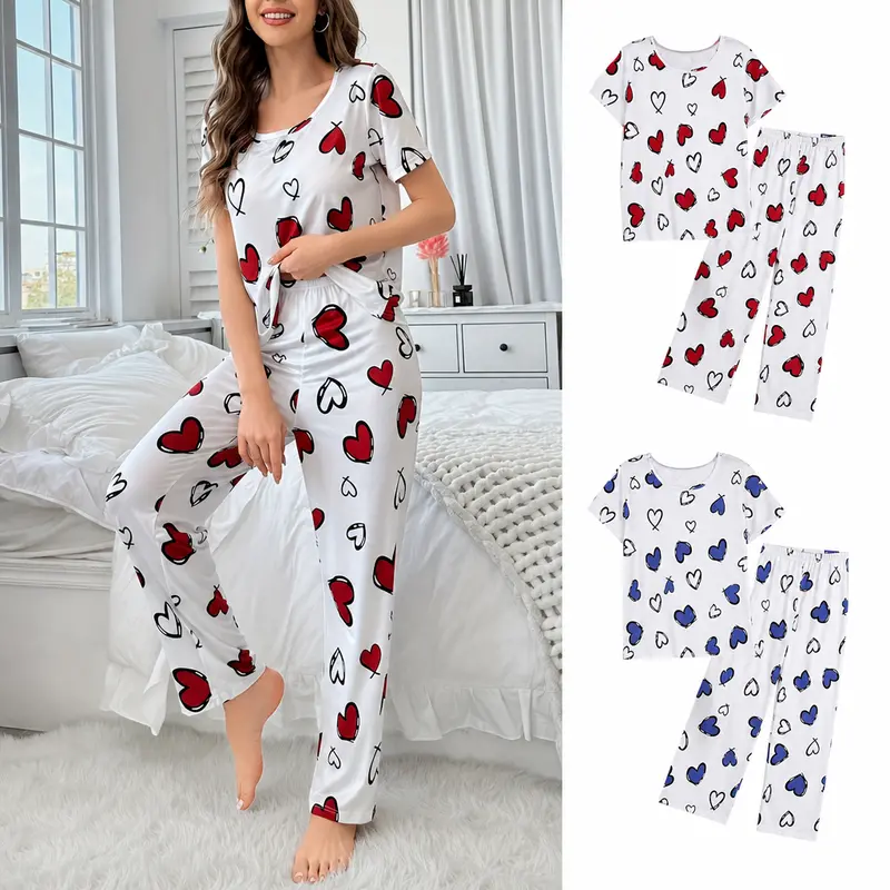 FEITAI Women's 2-Piece Short-Sleeve Heart-Printed Fabric Pajama Set - Breathable, Casual Loungewear, Stylish PJ Sets for Women for Valentine's Day & Everyday Home Wear