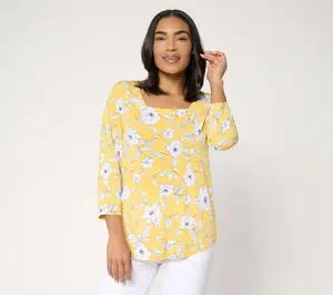 Susan Graver Printed Liquid Knit Square Neck Top w/Shirttail Hem