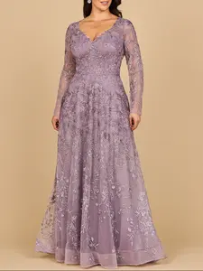 Lara 28878- Long Sleeve V-Neck Ombre Lace Gown