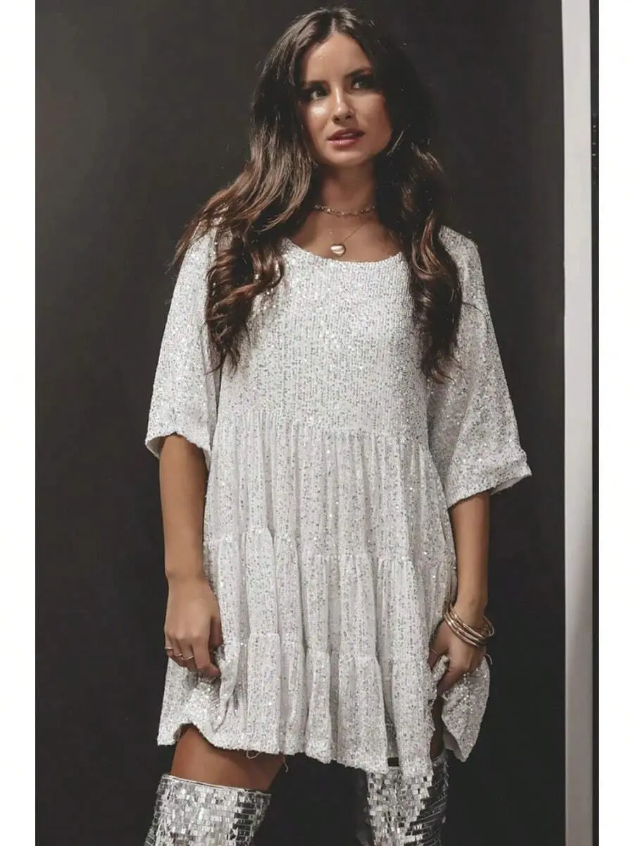 Women's Sequin Glitter Short-Sleeve Rainbow Mini Dress, Spaghetti Strap Round Neck, Festival Clubwear for Summer Casual Fashion