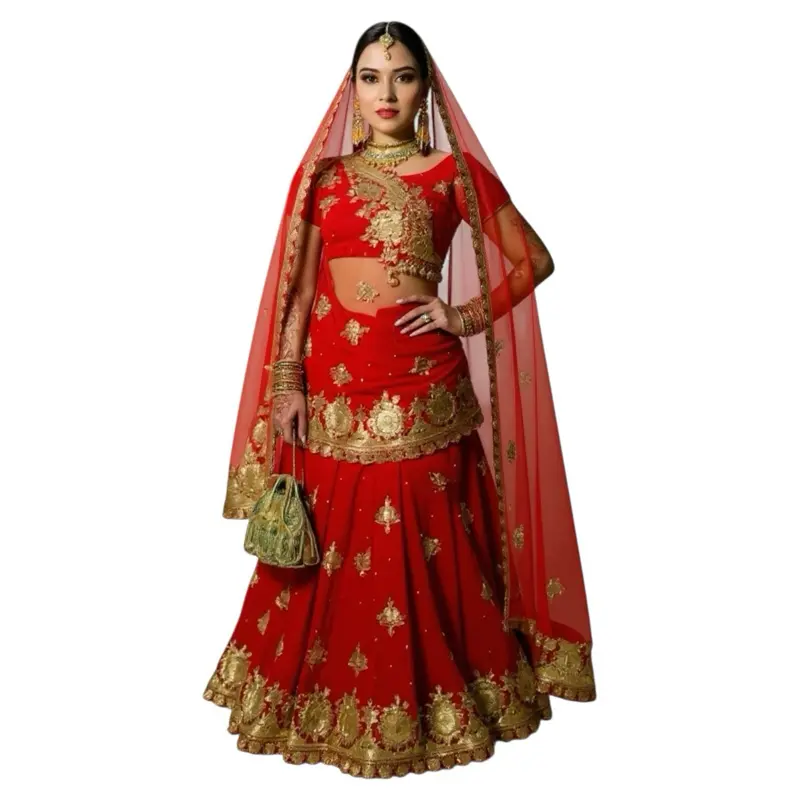 Elegant Modest Design Traditional Bridal Wedding  Chiffon Golden Embroidery Saree Women Wear Red Color with Gold Accents