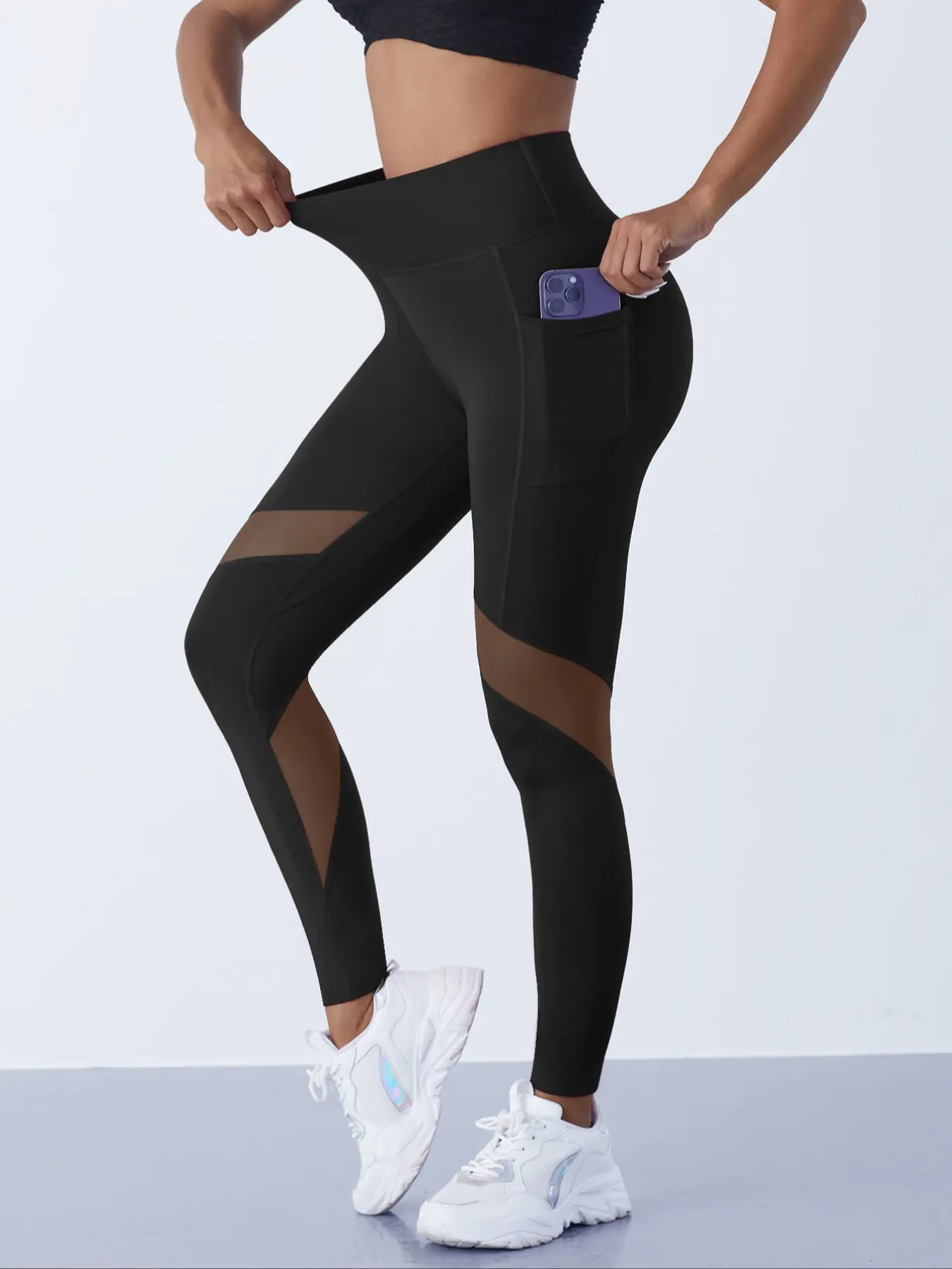 Women's High Waist Mesh Patchwork Yoga Pants with Pockets, High Waist Activewear, Tummy Control Butt Lifting Slim Fit Sporty Cycling Leggings, Gym Sportswear Bottoms, Athleisure Fitness Leggings for All Seasons