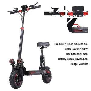 Off-Road Electric Scooter for Adults with Seat, Foldable Long-Range Commuter, 34 MPH, 1200W Motor, 11-in Tires, Dual Suspension & Hydraulic Brakes