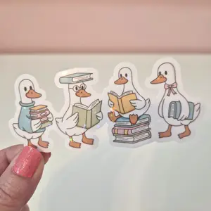 Geese Reading Books Sticker - Waterproof Glitter or Glossy Stickers 1.5" x 4.5" Size Customizable for Kindle Book or Tablet Durable Stylish Design