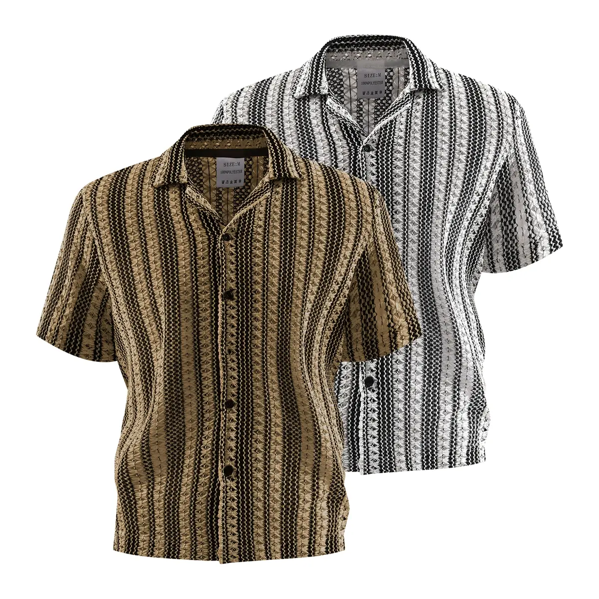 Menswear Casual Short-Sleeve Striped Button-Front Shirt - Vertical Textured, Camp Collar, Lightweight Loose Fit Top - Ideal for Home Relaxation, Holiday Travel - Men's Clothing Sale