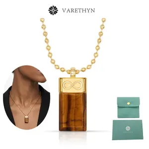 Natural Tiger Eye Rectangle Pendant Necklace Infinity Sign Minimalist Beaded Chain Jewelry for Women